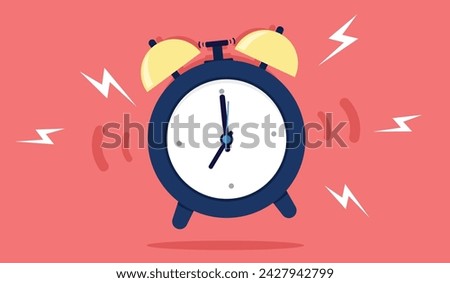 Alarm clock ringing - Loud annoying morning wake up clock at 7 am. Flat design vector illustration on red background