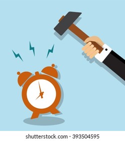 alarm clock ringing loudly and it stretches a hand holding a hammer