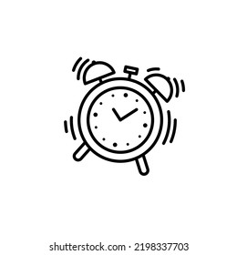 Alarm clock ringing minimalist icon. Black outline pictogram. Desktop clock. Concept of get up early, timer, schedule. Vector illustration, flat design