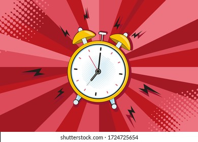 Alarm clock ringing at the morning. Comic pop art retro style vector illustration style