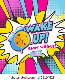 Alarm Clock Ringing on Colorful Half Tone Dotted Background. Vintage Colorful Watch Running and Bell to Wake Up at Morning. Cartoon Pop Art Vector Illustration in Retro Hand Drawn Comic Book Style