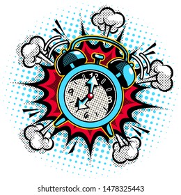 Alarm clock ringing in pop art style. Isolated on a white background. Vector comic illustration.