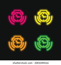 Alarm Clock Ringing Symbol four color glowing neon vector icon