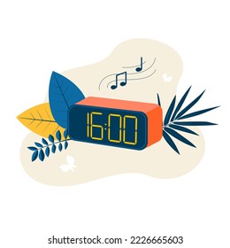 The alarm clock rings at 16 o'clock. Concept of timetable, schedule, organization of daily activities. Flat illustration for landing, banners, flyer
