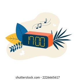 The alarm clock rings at 17 o'clock. Concept of timetable, schedule, organization of daily activities. Flat illustration for landing, banners, flyer