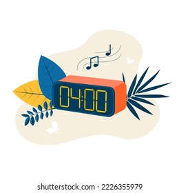 The alarm clock rings at 4 o'clock. Concept of timetable, schedule, organization of daily activities. Flat illustration for landing, banners, flyer