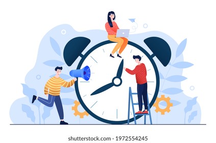 Alarm clock rings, concept of work time management, quick reaction awakening. Flat abstract metaphor cartoon vector illustration concept design online banner. Isolated on white background.