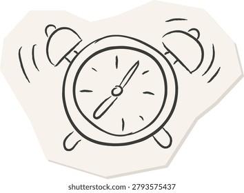 Alarm clock rings with motion lines and hand drawn strokes on a torn paper shape. Symbol of time management, deadline, wake up, and school routine. Cartoon vector illustration.