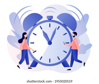 Alarm clock rings. Tiny people wake up in morning. Wake up. Good morning concept. Beginning of new day. Modern flat cartoon style. Vector illustration on white background