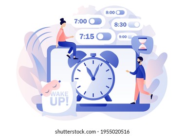 Alarm clock rings. Wake up in morning. Tiny people sets the alarm clock on laptop. Good morning concept. Beginning of new day. Modern flat cartoon style. Vector illustration on white background