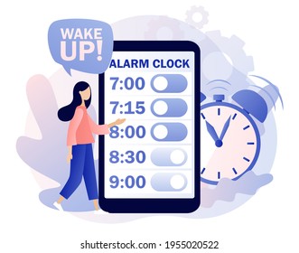 Alarm clock rings. Wake up in morning. Tiny woman sets the alarm clock in smartphone app. Good morning concept. Beginning of new day. Modern flat cartoon style. Vector illustration on white background