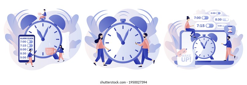 Alarm clock rings. Wake up. Good morning concept. Tiny people wake up in morning and follow routine of day. Beginning of new day. Modern flat cartoon style. Vector illustration on white background