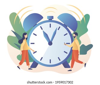 Alarm clock rings. Wake up. Tiny people wake up in morning. Good morning concept. Beginning of new day. Modern flat cartoon style. Vector illustration on white background