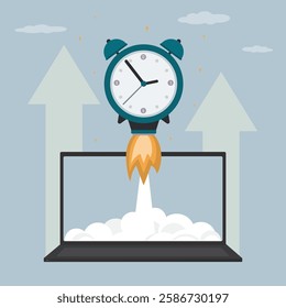 Alarm clock rocket take off, fast flight from laptop. Freelancer, designer, writer job. Fast time stop watch, limited offer, deadline symbol. Time management, deadline concept. vector illustration