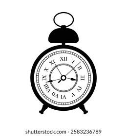 Alarm Clock with Roman Numeral Silhouette Silhouette. Black and White Icon Design Elements on Isolated White Background