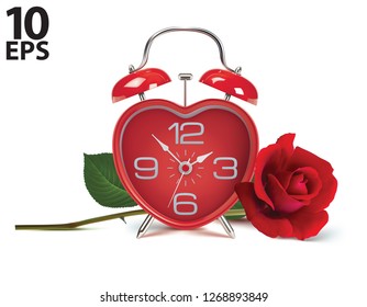 Alarm clock and rose on white. Realistic vector 3d illustration