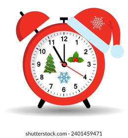 Alarm clock with Santa Claus hat on the white background. 