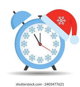 Alarm clock with Santa Claus hat. Flat design vector illustration.