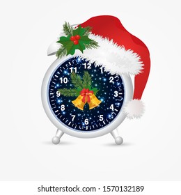 Alarm clock in santa hat with spruce boughs and bells showing new year time. Merry Christmas and new year concept. Vector illustration.