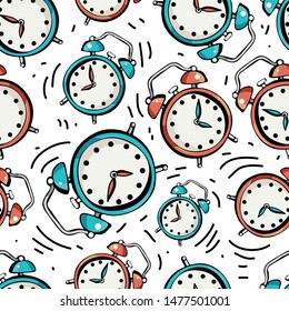 Alarm clock seamless background, timer, deadline hurry and Wake up concept, vector Wallpaper, packaging, textiles, website background. Vector alarm clock on white background. Colorful seamless pattern