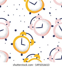 Alarm clock seamless pattern on white background in cartoon style, vector illustration.