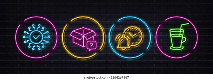 Reloj de alarma, red de seguridad y paquetes secretos iconos de línea mínimos. Luces 3d láser neón. Iconos de cóctel. Para web, aplicación, impresión. Anuncio de tiempo, Cibersistema, Cuadro de preguntas. Vector