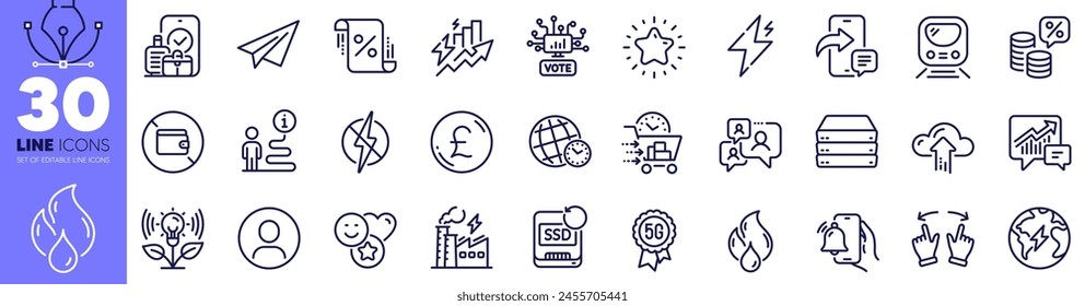 Alarm clock, Servers and Paper plane line icons pack. Electricity factory, Cloud upload, Phone message web icon. Smile, Incubator, Metro pictogram. Recovery ssd, Support, Antistatic. Vector