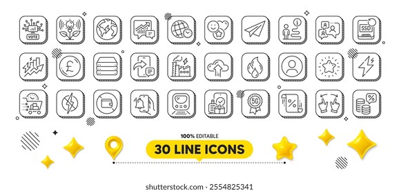 Alarm clock, Servers and Paper plane line icons pack. 3d design elements. Electricity factory, Cloud upload, Phone message web icon. Smile, Incubator, Metro pictogram. Vector