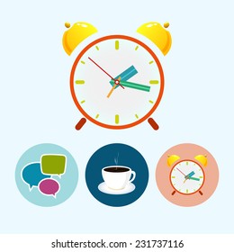 Alarm clock. Set with 3 round colorful icons,speech bubble , cup of tea , cup of coffee,  colored alarm clock,  vector illustration