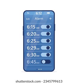 Alarm clock is set for different time to wake up, mobile phone application. Buttons sliders in On position. Smartphone app, morning alert. flat vector illustration