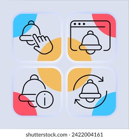 Alarm clock set line icon. Bell, morning, ringing, sleep, clock, bell, getting up, work, time, arrow, school. Glassmorphism style. Vector line icon for business and advertising