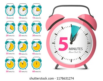 Alarm Clock Set. Retro Vector Analog Time Indicator Device Isolated on White Background.