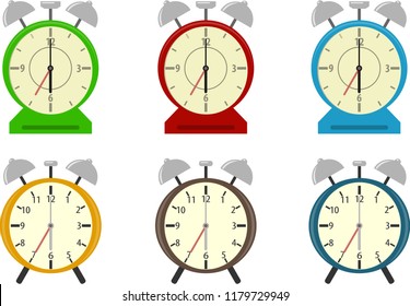 Alarm clock, a set of six different alarms. Vector illustration of cartoon alarm clocks.