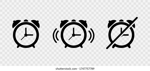 El reloj de alarma establece iconos vectoriales en fondo transparente. Despierta el símbolo de alarma.