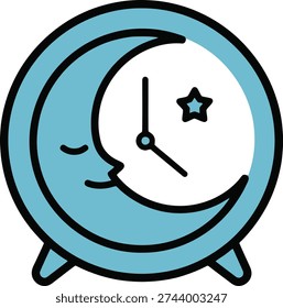 Alarm clock shaped like a moon with a face, indicating time for sleep, rest, or nighttime schedule.