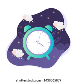 Alarm clock and sheep web banner. Night sleep and bedtime concept. Isolated vector illustration in cartoon style