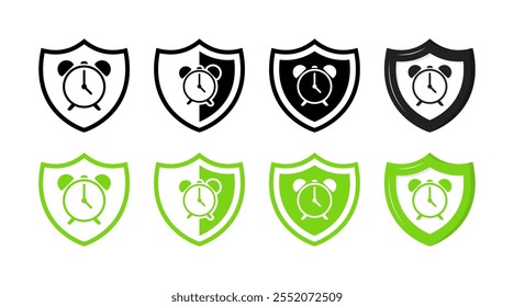 Alarm clock in shield icons. Time protection. Silhouette  Flat Style. Vector icons