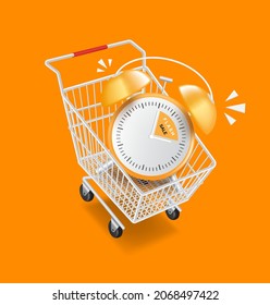 The alarm clock is in the shopping cart alerting about flash sales promotions and all object floating in the air,vector 3d isolated on orange backgroun for advertising promotion sale design