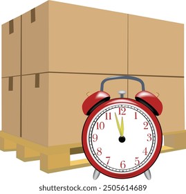 Alarm clock showing almost twelve o'clock near stacked cardboard boxes on wooden pallet