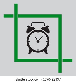 Alarm clock sign. Black icon inside green crop tool at light gray background
