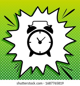 Alarm clock sign. Black Icon on white popart Splash at green background with white spots. Illustration.