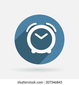 alarm clock sign. Circle blue icon with shadow.