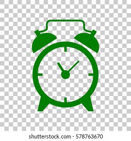 Alarm clock sign. Dark green icon on transparent background.