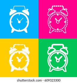Alarm clock sign. Four styles of icon on four color squares.