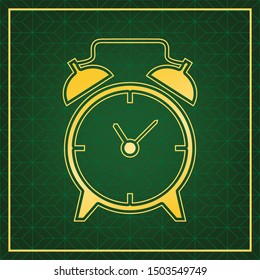 Alarm clock sign. Golden icon with gold contour at dark green gridded white background. Illustration.