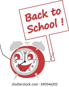 An alarm clock with a sign in hand to prevent it is time to go back to school