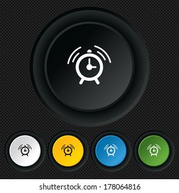 Alarm clock sign icon. Wake up alarm symbol. Round colourful buttons on black texture. Vector