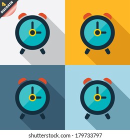 Alarm clock sign icon. Wake up alarm symbol. Four squares. Colored Flat design buttons. Vector