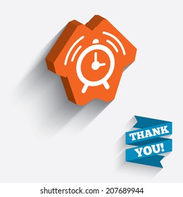 Alarm clock sign icon. Wake up alarm symbol. White icon on orange 3D piece of wall. Carved in stone with long flat shadow. Vector