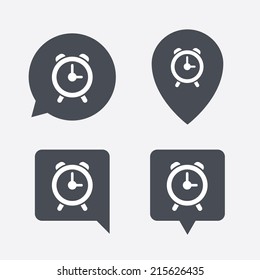 Alarm clock sign icon. Wake up alarm symbol. Map pointers information buttons. Speech bubbles with icons. Vector